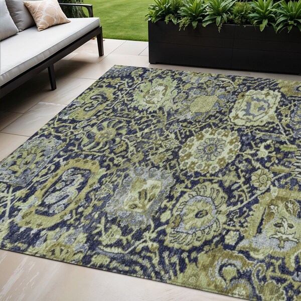 Homeroots 5' X 8' Fern Green And Blue Damask Washable Indoor Outdoor Area Rug 609067 - main