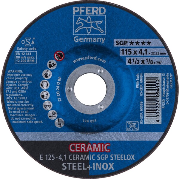 Pferd 5'' x 1/8 Grinding Wheel, 7/8'' A.H. - CERAMIC SGP STEELOX - Type 27 60089 - main