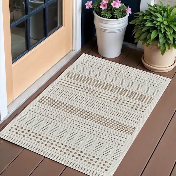 Homeroots 3' X 5' Beige and Brown Geometric Distressed Indoor Outdoor Area Rug 558745 - main