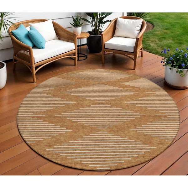 Homeroots 8' Copper And Beige Round Geometric Washable Indoor Outdoor Area Rug 598612 - main