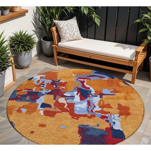 Homeroots 8' Copper Gray And Burgundy Round Abstract Washable Indoor Outdoor Area Rug 599552 - main