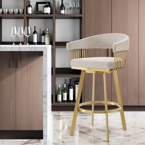 Homeroots 30" Taupe and Gold Fabric and Stainless Steel Low Back Bar Height Swivel Bar Chair 569147 - main