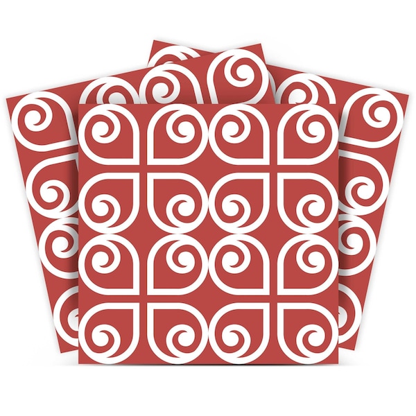 Homeroots 4" x 4" Brick Red And White Scroll Peel and Stick Removable Tiles 400420 - main
