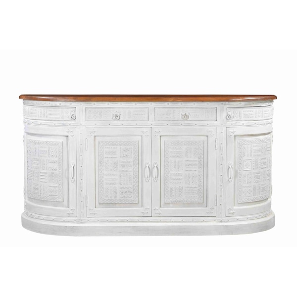 Homeroots 69in White And Brown Solid Wood Carved Geometric Four Drawer Four Door Sideboard 634324 - main
