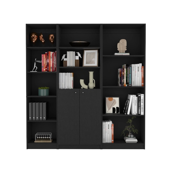 Homeroots 71" Black Five Tier Bookcase with Two doors 546341 - main