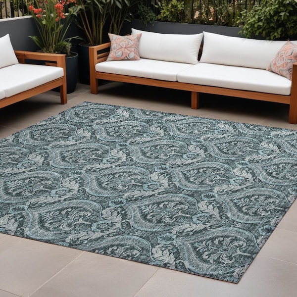 Homeroots 9' X 12' Teal Damask Washable Non Skid Indoor Outdoor Area Rug 563905 - main