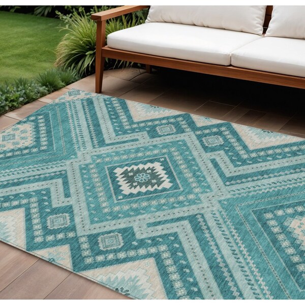 Homeroots 8' X 10' Teal Blue And Ivory Tribal Washable Indoor Outdoor Area Rug 598157 - main