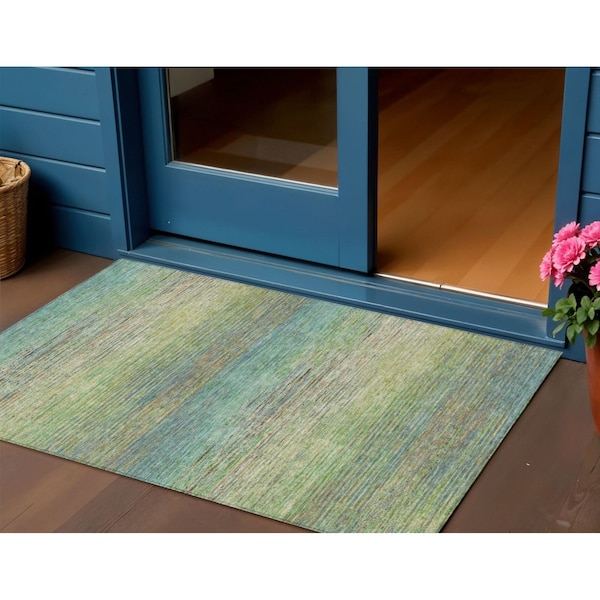 Homeroots 3' X 5' Artichoke Green Striped Washable Indoor Outdoor Area Rug 608449 - main