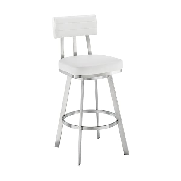 Armen Living Benjamin 30in Swivel Bar Stool in Brushed Stainless Steel with White Faux Leather LCBEBABSWHI30 - main