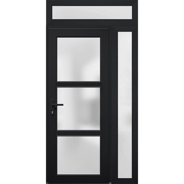 Vdomdoors Front Exterior Prehung FiberGlass Door Frosted Glass / Manux 8552 Matte Black / Sidelight and Trans MANUX8552EXD-BLK-W30+12 x H80+14-RH - main