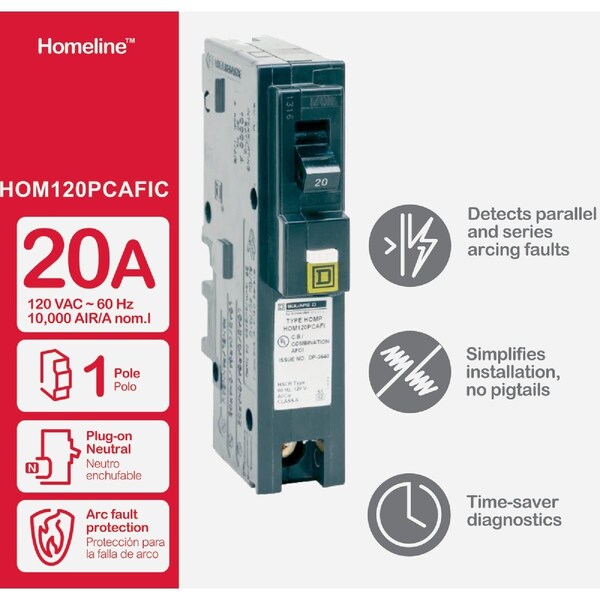 Square D Homeline 20A Single-Pole CAFCI Plug-On Neutral Combination Arc Fault Breaker HOM120PCAFIC - main