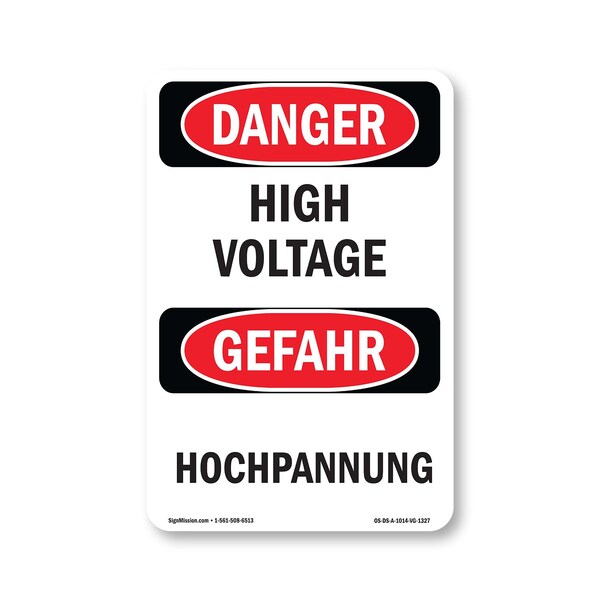 Signmission Safety Sign, OSHA Danger, 14" Height, Aluminum, High Voltage Bilingual, 1014-VG-1327 OS-DS-A-1014-VG-1327 - main