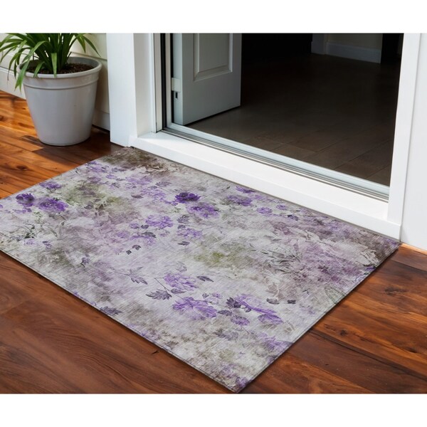 Homeroots 3' X 5' Purple Lavender And Artichoke Green Floral Washable Indoor Outdoor Area Rug 583124 - main