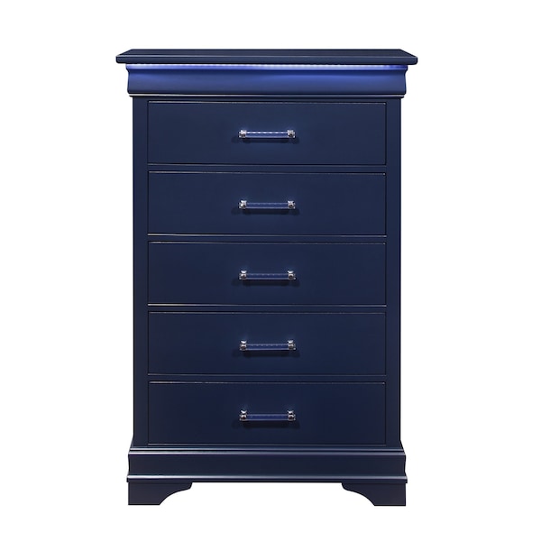 Homeroots 16" Blue Solid Wood Five Drawer Chest With LED Lighting 482389 - main