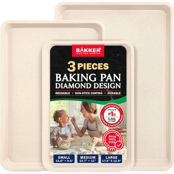 Bakken- Swiss BAKKEN Kitchen Nonstick Cookie Pans, Set of 3, S/M/L, PFOA-Free, Oven Safe, 450 DegF, White Marble BKDD3P55 - main
