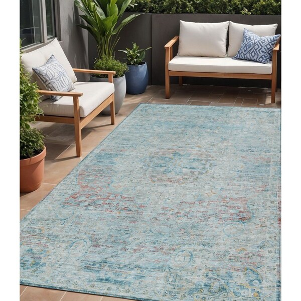 Homeroots 5' X 8' Sky Blue And Blush Medallion Washable Indoor Outdoor Area Rug 615741 - main