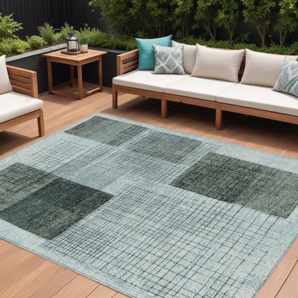 Homeroots 8' X 10' Teal Blue And Gray Geometric Washable Indoor Outdoor Area Rug 631942 - main