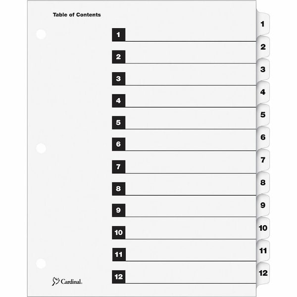 Cardinal Brands Cardinal OneStep Printable T.O.C. Divider, Printed 1 to 12, 9"x11", 12 Tabs, White/White 61213 - main