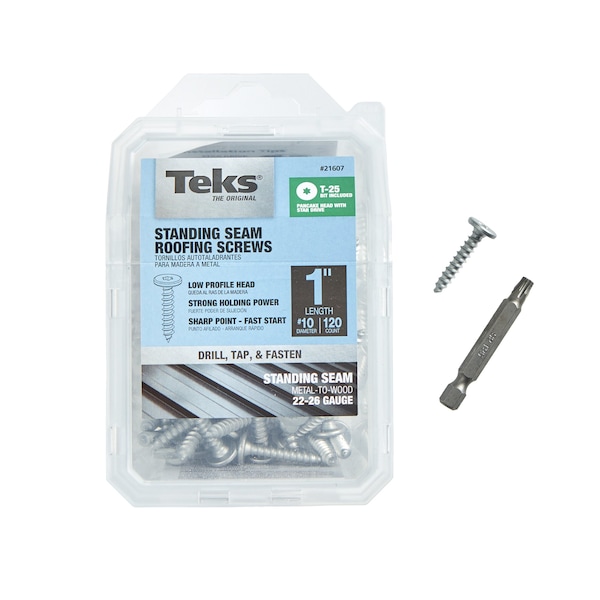 Teks #10 x 1 in Standing Seam Panel Roofing Screw, Pancake Head, Star Drive, T-25 Bit Incld., Zinc, 120PK 21607 - main