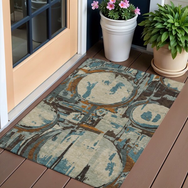 Homeroots 3' X 5' Beige Brown And Copper Geometric Washable Indoor Outdoor Area Rug 589368 - main