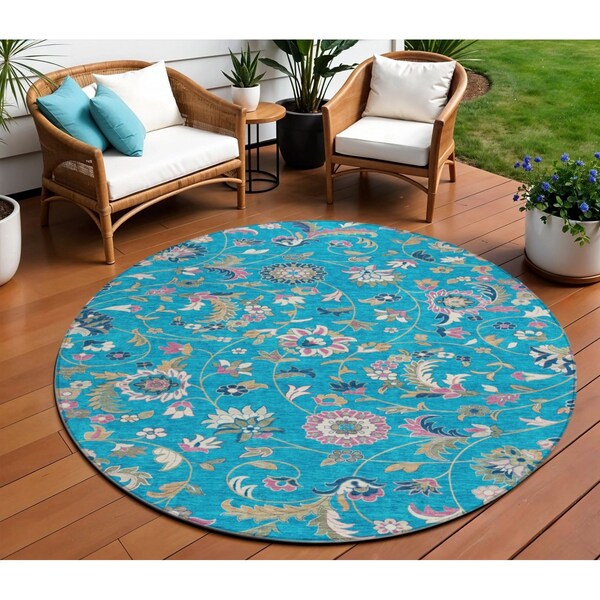 Homeroots 8' Teal Blue Ivory And Pink Round Floral Washable Indoor Outdoor Area Rug 597850 - main