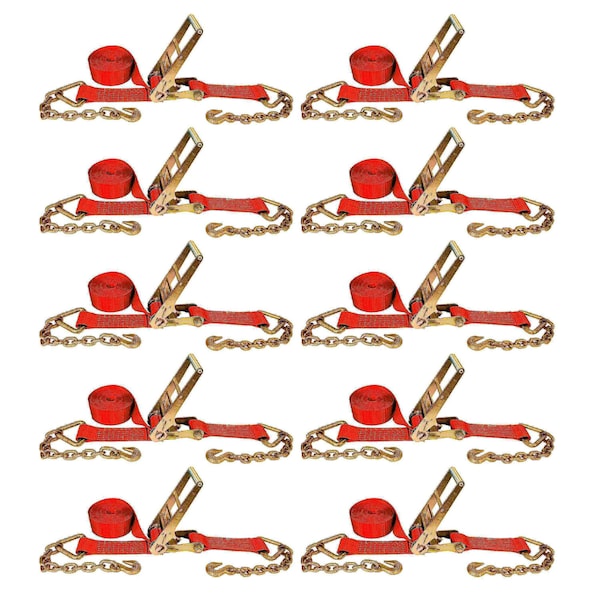 Tie 4 Safe 3'' x 30' Ratchet Strap w/ Chain Extension. WLL: 5,400 LBS Red, 10PK RT20R-1530-F87-R-C-10 - main
