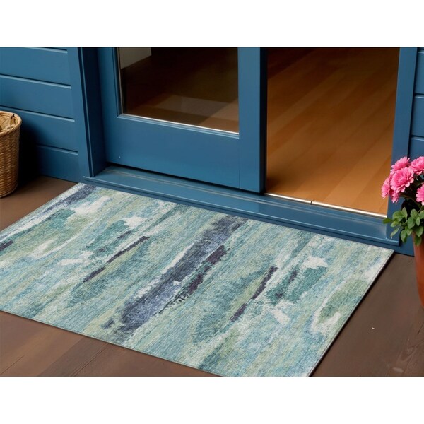 Homeroots 3' X 5' Sage Teal Blue And Navy Blue Abstract Washable Indoor Outdoor Area Rug 612479 - main