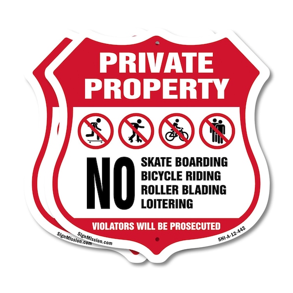 Signmission Private Property Shield Sign No Skateboa, 12 inch X 12 inch, Aluminum Metal Sign, 2PK SHI-A-2PACK-12-442 - main