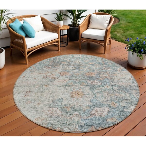 Homeroots 8' Green Blue And Gray Round Oriental Washable Indoor Outdoor Area Rug 587436 - main