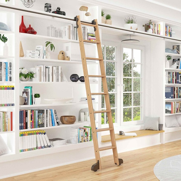 Quiet Glide 8.06 ft. Red Oak Contemporary Wheel Bronze Rolling Hook Removable Ladder, 12 ft. Rail QG.540-8RO-12-H.07 - main