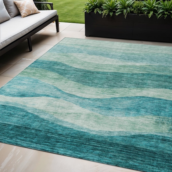 Homeroots 5' X 8' Teal Blue And Aqua Abstract Washable Indoor Outdoor Area Rug 604996 - main
