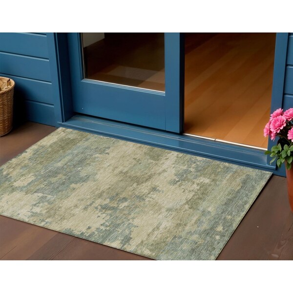 Homeroots 3' X 5' Pale Aqua And Khaki Abstract Washable Indoor Outdoor Area Rug 630933 - main