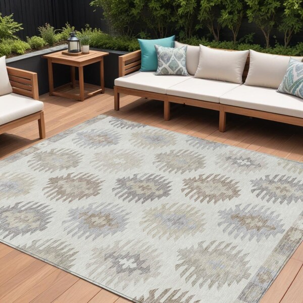 Homeroots 8' X 10' Ivory Khaki And Gray Southwestern Washable Indoor Outdoor Area Rug 615143 - main