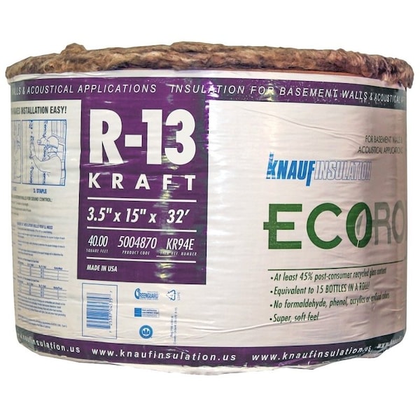 Knauf KR94E Kraft Faced Insulation, 40 sq-ft Coverage Area, 32 ft L, 15 in W, R-13 R-Value, Fiberglass KR94E/TAK - main