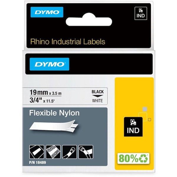 Dymo Industrial Flexible Nylon Labels, Rhyno, Black Text on White, 3/4 in (19 mm) 18489 - main