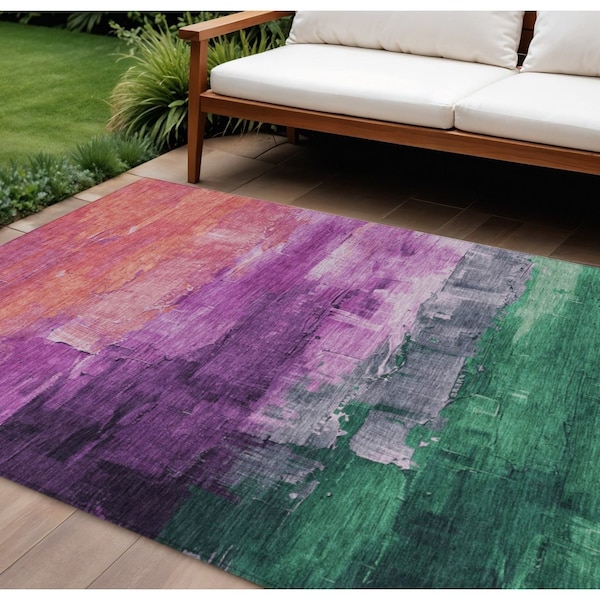 Homeroots 8' X 10' Purple Salmon And Green Abstract Washable Indoor Outdoor Area Rug 610958 - main