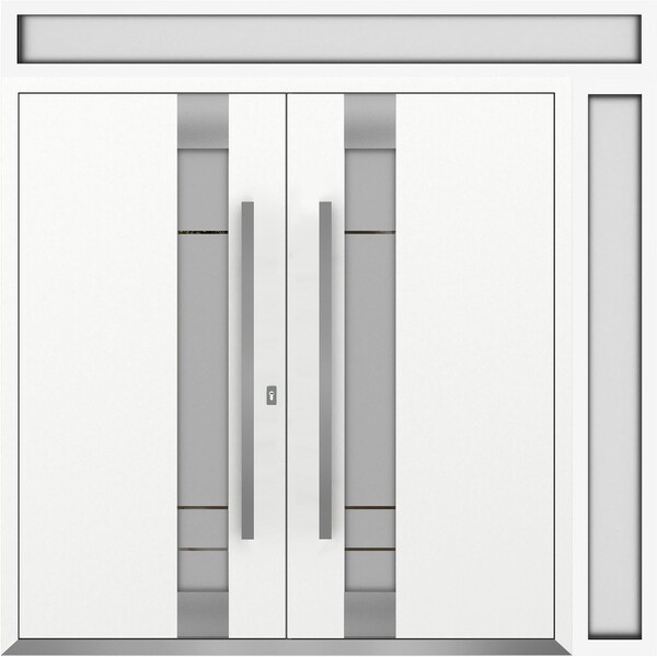Vdomdoors Metal Double Doors Deux 1713 White Enamel Frosted Glass 1 Sidelight and Top Transom Entry Modern Pa DEUX1713DEXD-BEM-W72+14xH96+14-RH-I - main