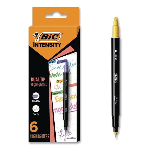 Bic Intensity Dual-Tip Highlighters, Assorted Ink Colors, Chisel/Needle Tips, Black Barrel, 6PK HLPDT6-AST - main