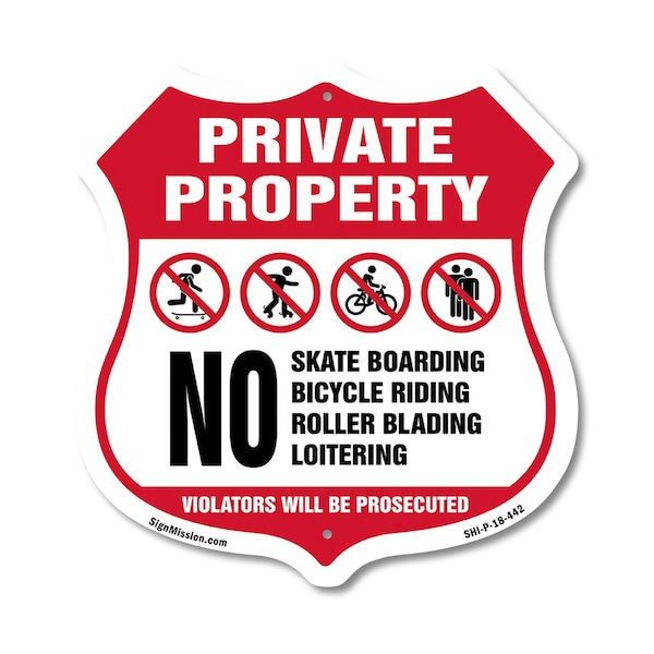 Signmission Private Property Shield Sign No Skateboa, 18 Inch X 18 Inch, Plastic Sign SHI-P-18-442 - main