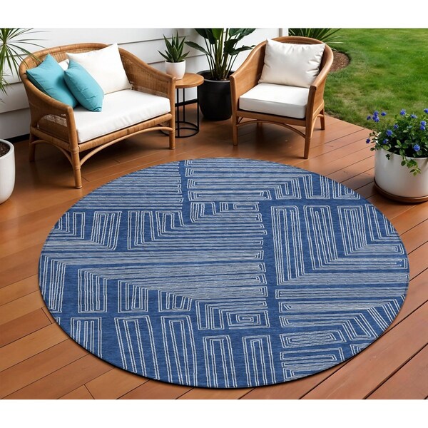 Homeroots 8' Navy Blue And Ivory Round Geometric Washable Indoor Outdoor Area Rug 600842 - main