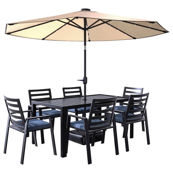 Leisuremod Chelsea Aluminum Outdoor Dining Table With 8 Chairs and Cushions, Charcoal Blue CC20-T63BL-CBU6 - main