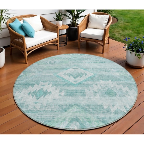 Homeroots 8' Aqua Turquoise And Ivory Round Southwestern Washable Indoor Outdoor Area Rug 588686 - main