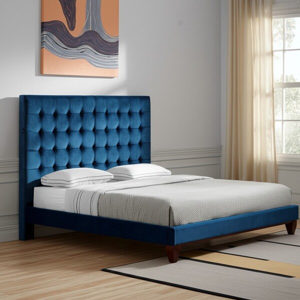 Homeroots Navy Blue Tufted Velvet Upholstered Queen Bed Frame 544757 - main