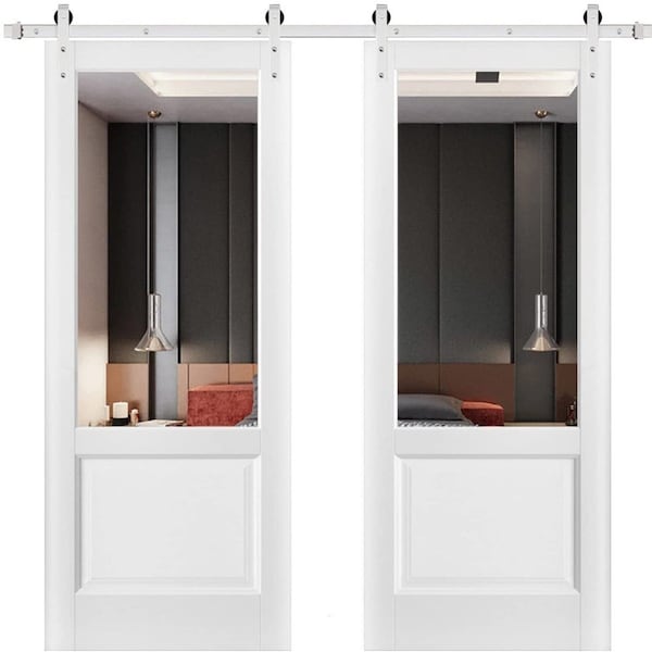 Sartodoors Sturdy Double Barn Door with, Lucia 1533 White Silk with Clear Glass, 13FT Rail Hangers Heavy Set LUCIA1533DB-S-WS-4896 - main
