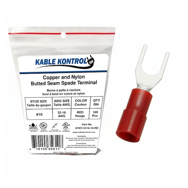 Kable Kontrol Copper and Nylon Butted Seam Spade Terminal, 22-18 AWG, Stud Size # 10, Red, 100 Pcs, 100PK STNY-2218-10-RD - main
