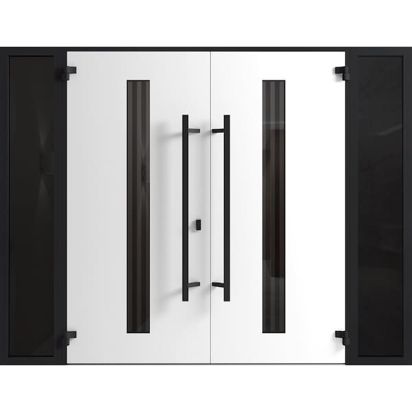 Vdomdoors Front Exterior Prehung Aluminum Double Doors Ronex1055 Teak 2 Sidelights Mirrored Clear Glass Entry RONEX1055DEXD-OAK-W14+72+14xH80-RH-O - main