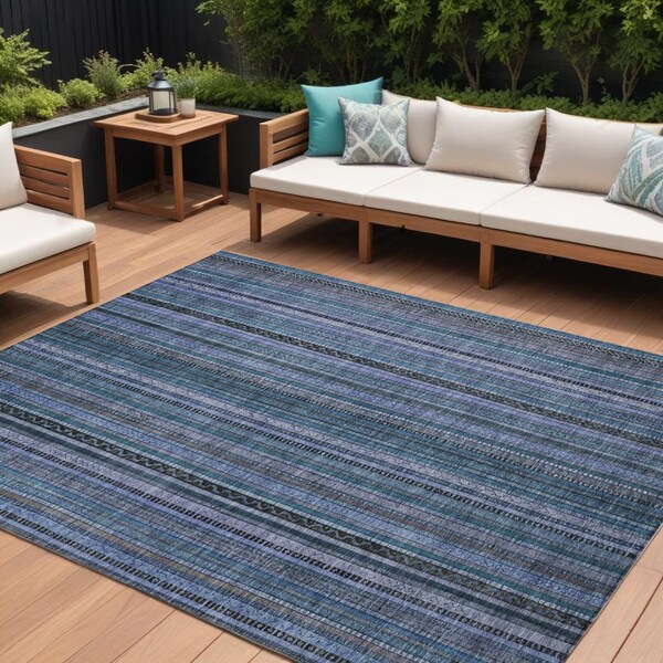 Homeroots 9' X 12' Blue Gray And Sky Blue Striped Washable Indoor Outdoor Area Rug 616368 - main
