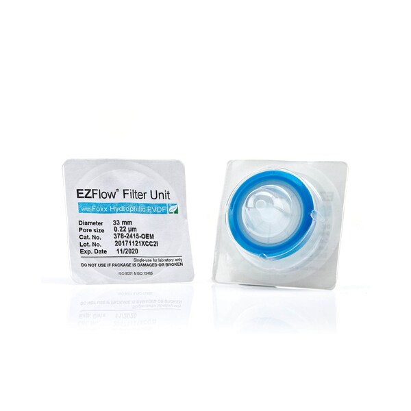 Foxx Life Sciences EZFlow Sterile Hydrophilic PVDF Syringe Filters, 0.22 um Sterilizing Membrane, 33 mm, 100PK 378-2415-OEM - main
