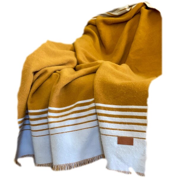 Homeroots Gold and Ivory Woven Microfiber Striped Throw Blanket with Fringe 534360 - main