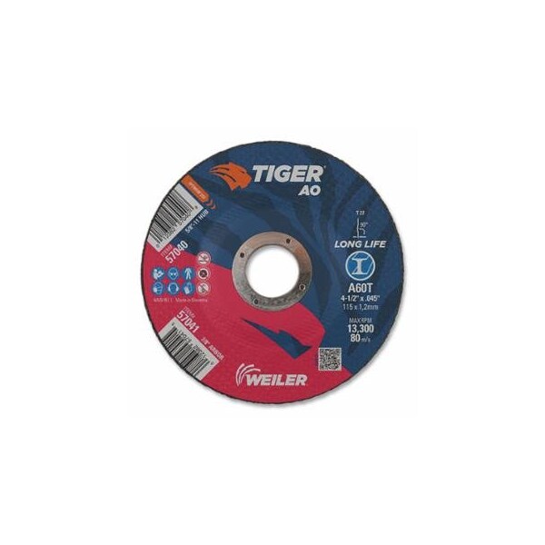 Weiler Tiger AO Cutting Wheel, 4-1/2 in dia x 0.045 in Thick, 7/8 in Arbor, A60T, Type 27, 25PK 804-57041 - main